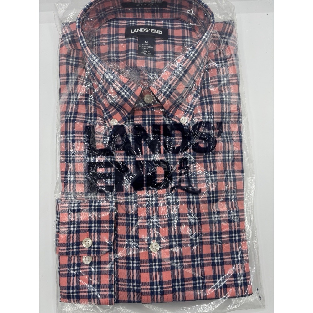 NWT Lands' End Men's Rose/Blue Traditional Fit Button Up Shirt Size M 15-15.5‎
